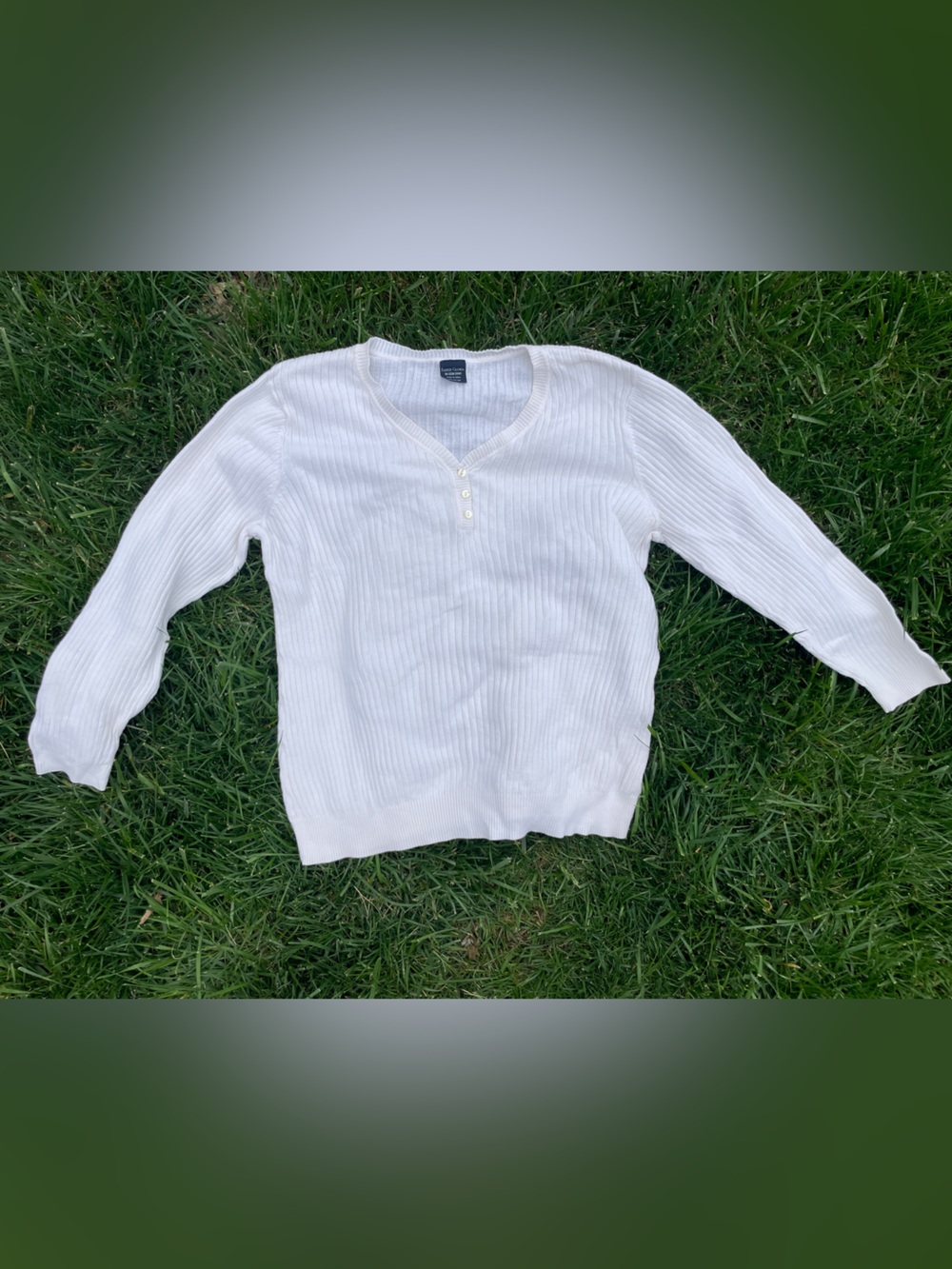 Bright White Ribbed Cotton Henley Sweater 90's Y2K Grandmacore